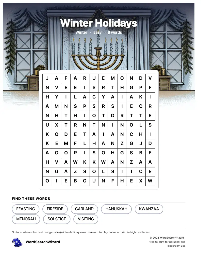 Winter Holidays word search printable sheet, 8 words to find