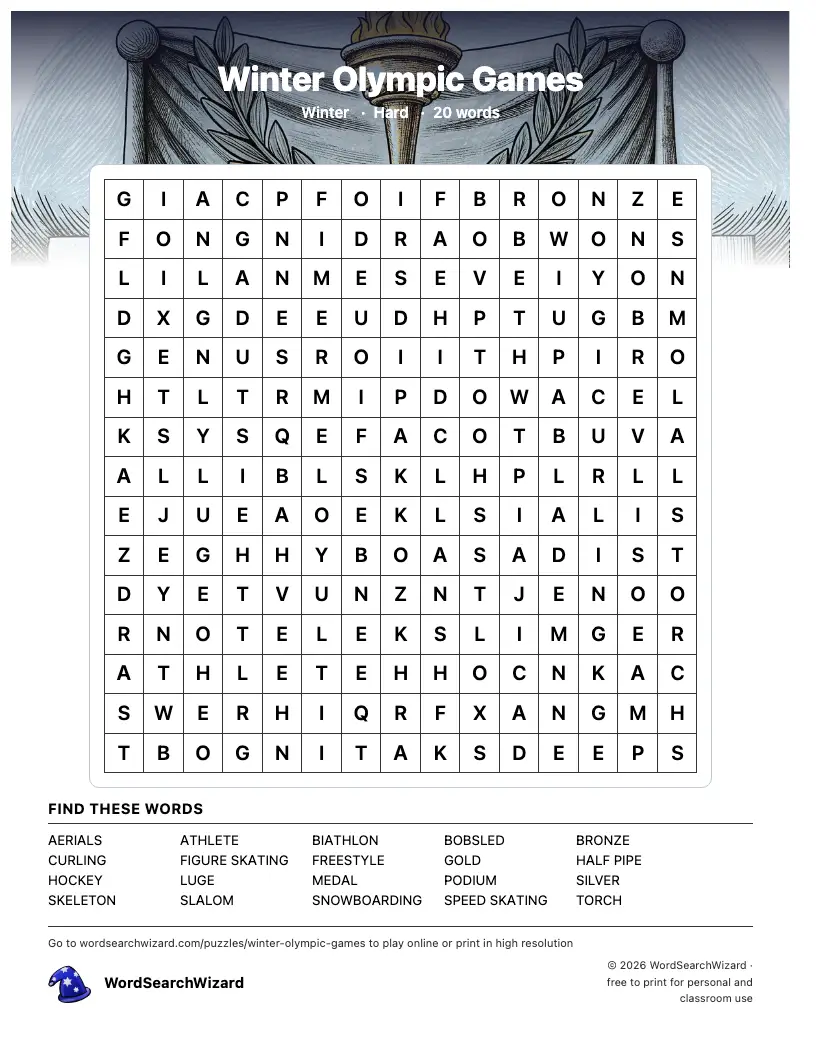 Winter Olympic Games word search printable sheet, 20 words to find