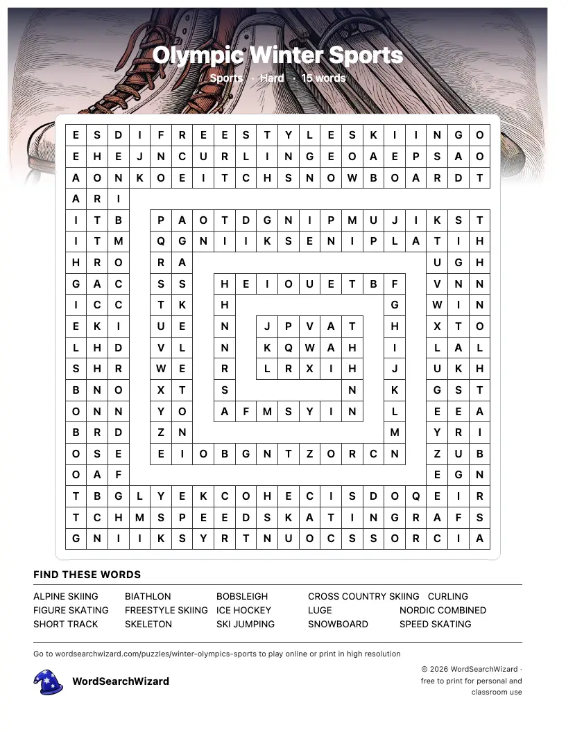 Olympic Winter Sports word search printable sheet, 15 words to find