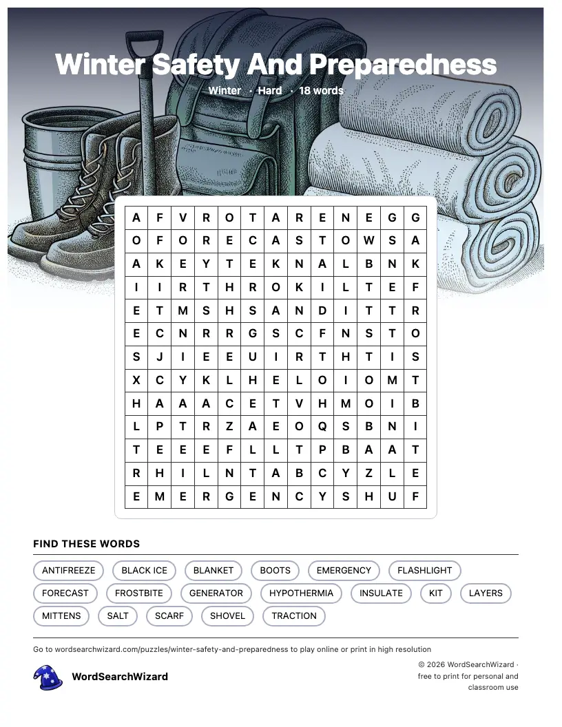 Winter Safety And Preparedness word search printable sheet, 18 words to find