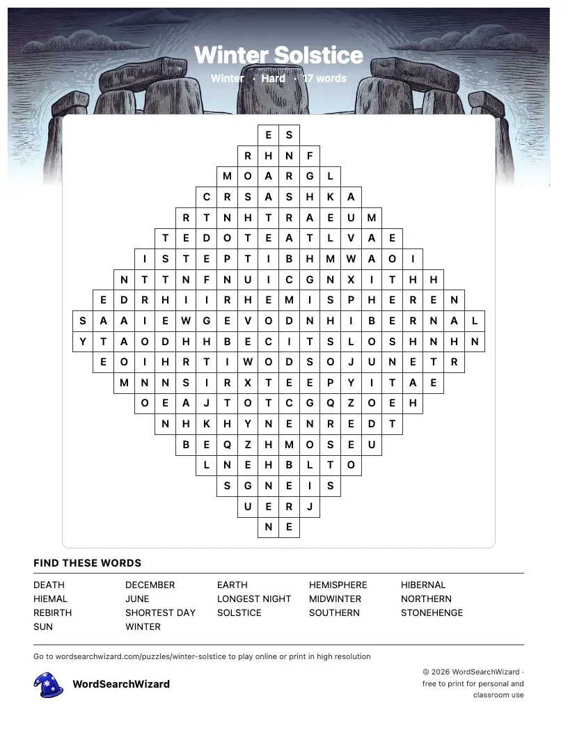 Winter Solstice word search printable sheet, 17 words to find