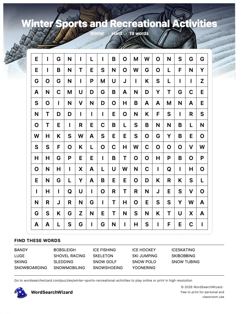 Winter Sports and Recreational Activities word search printable sheet, 19 words to find