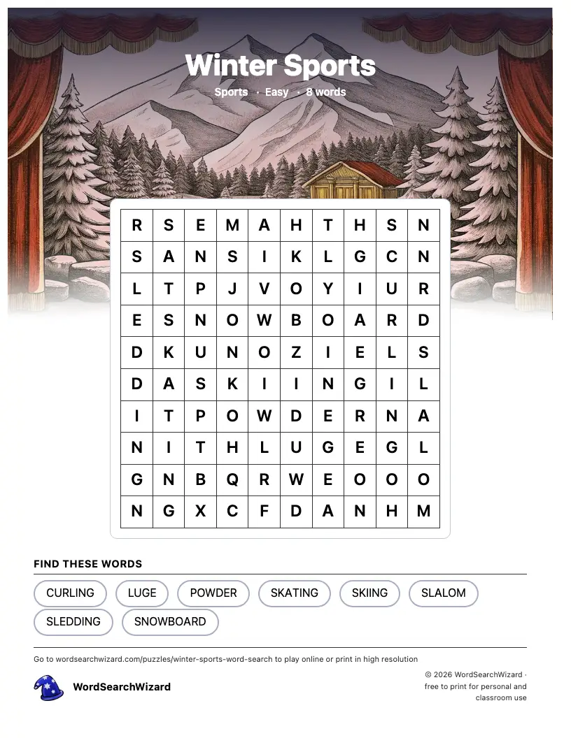 Winter Sports word search printable sheet, 8 words to find