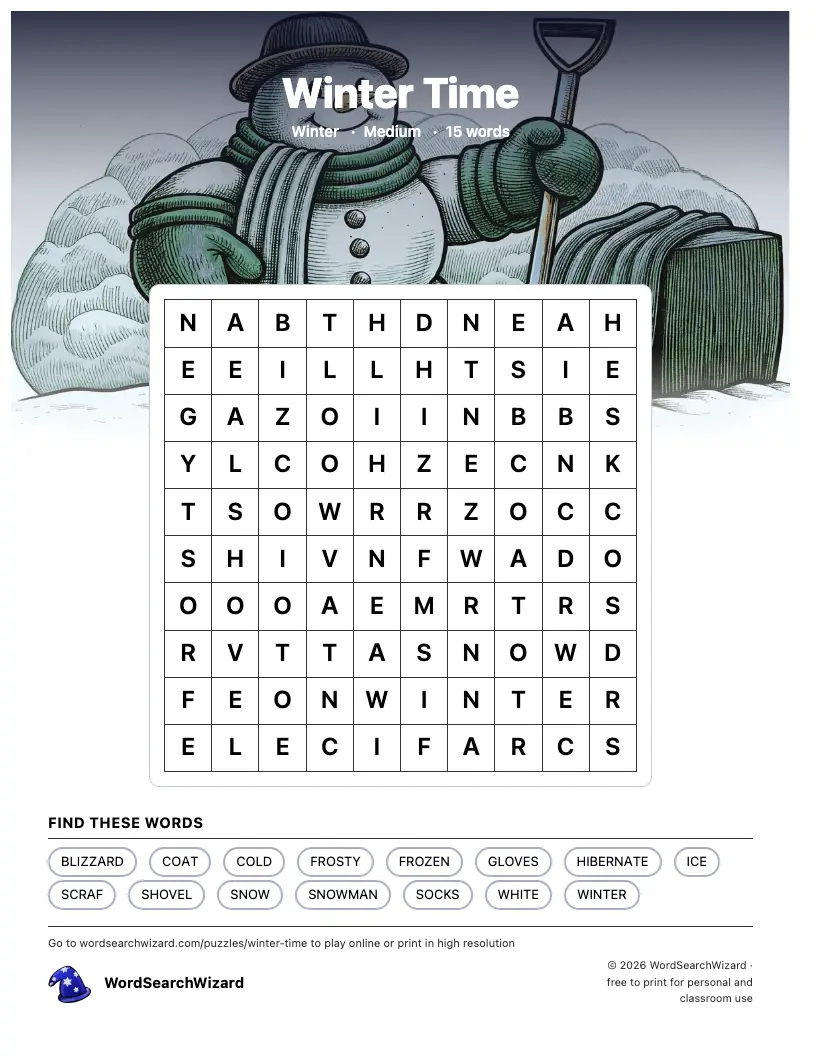 Winter Time word search printable sheet, 15 words to find