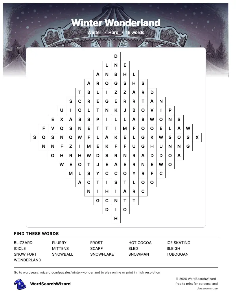 Winter Wonderland word search printable sheet, 16 words to find