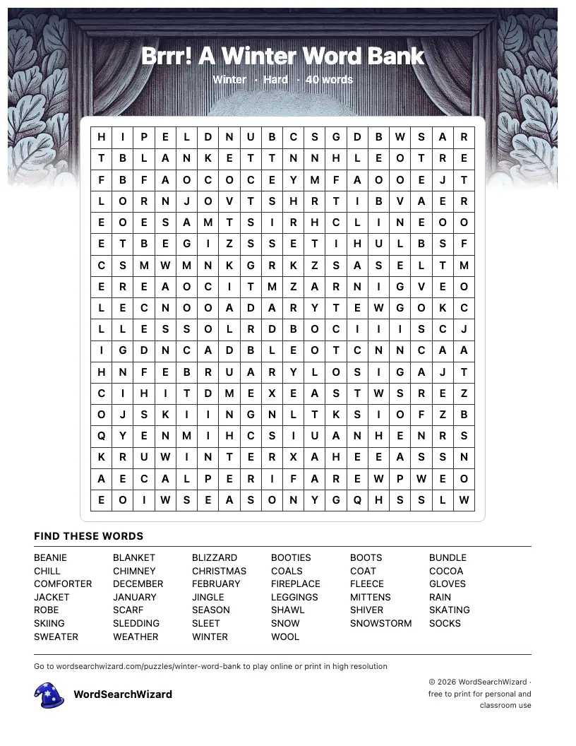 Brrr! A Winter Word Bank word search printable sheet, 40 words to find