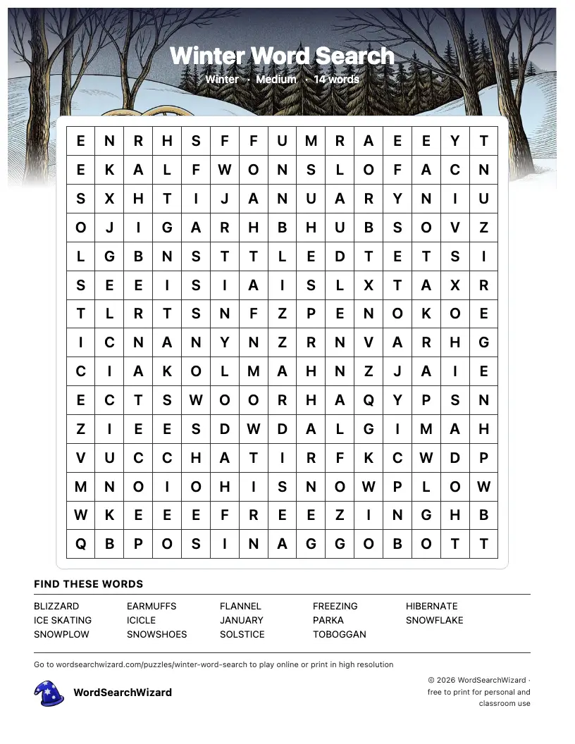 Winter word search printable sheet, 14 words to find