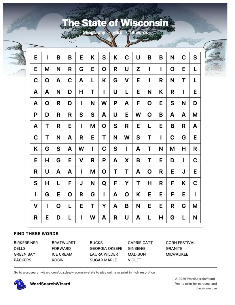 The State of Wisconsin word search printable sheet, 19 words to find