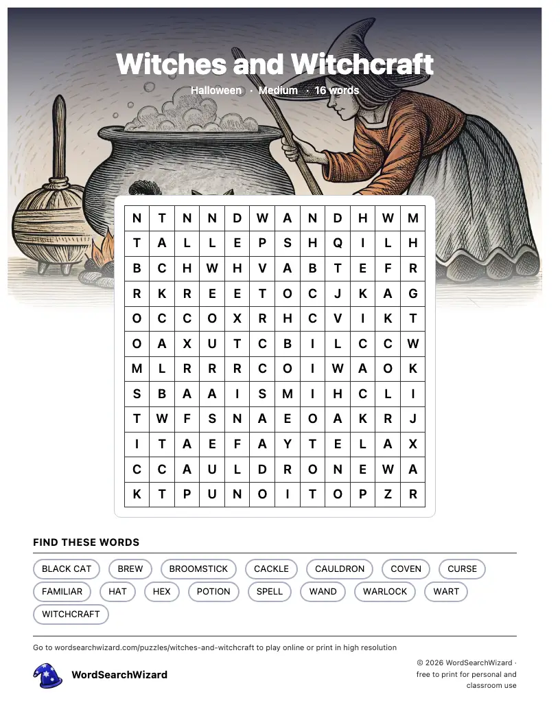 Witches and Witchcraft word search printable sheet, 16 words to find