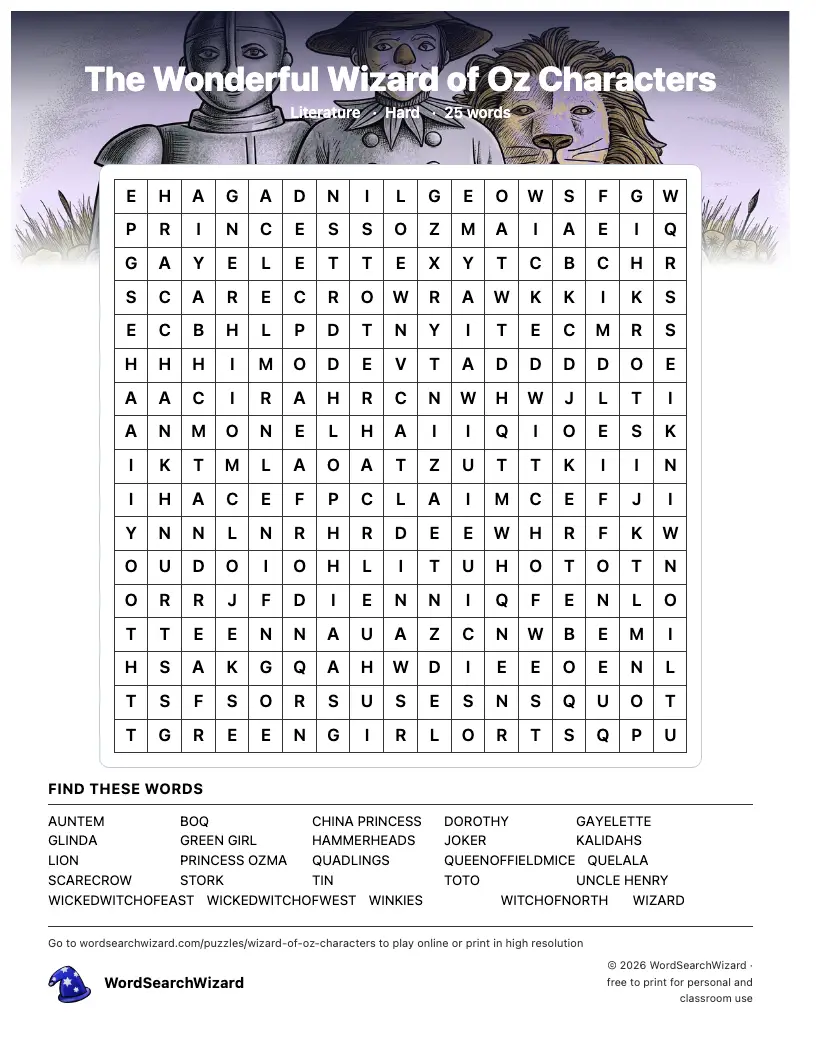 The Wonderful Wizard of Oz Characters word search printable sheet, 25 words to find