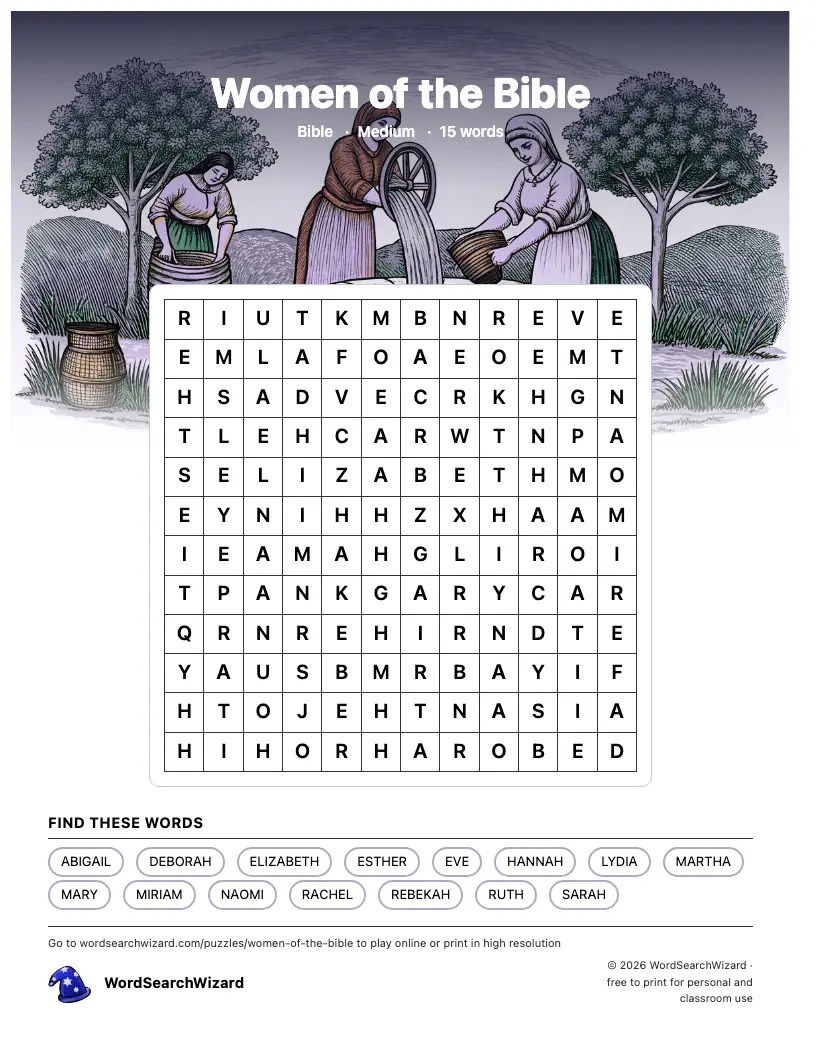 Women of the Bible word search printable sheet, 15 words to find