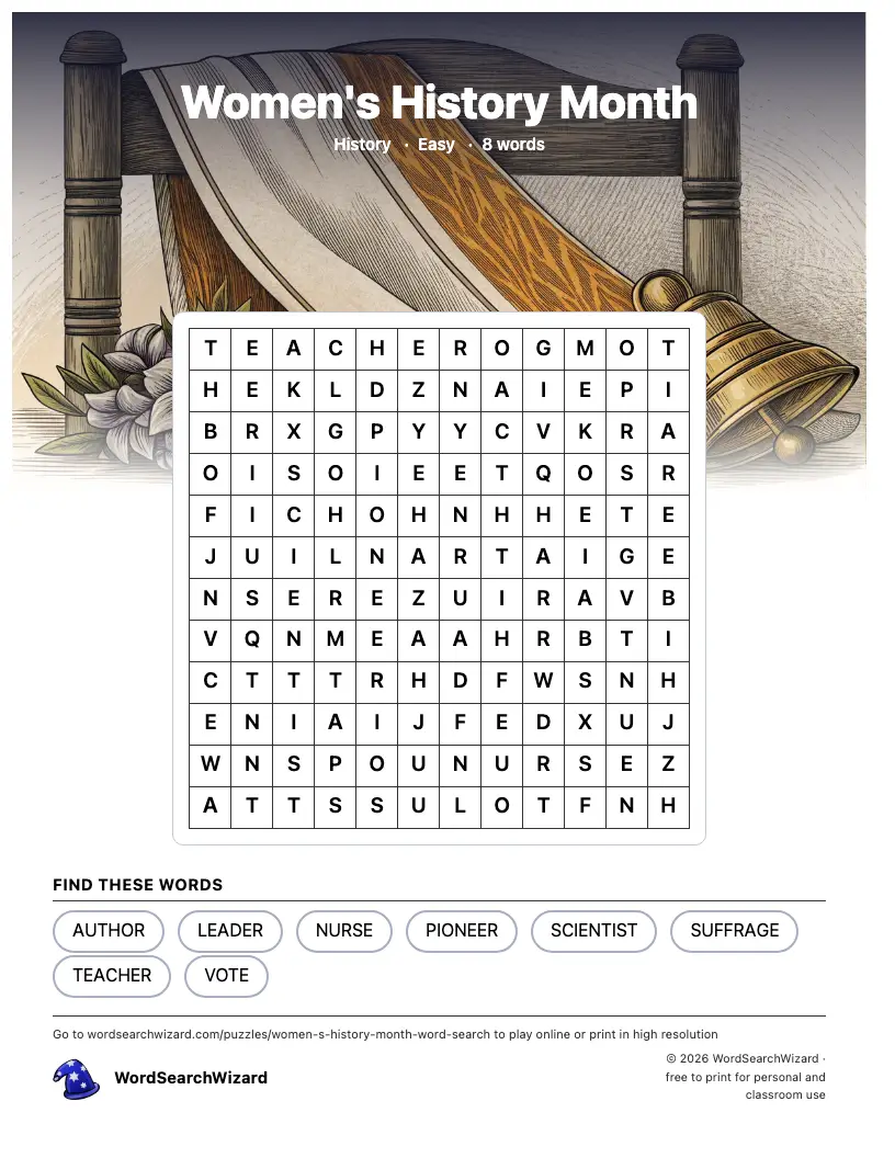 Women's History Month word search printable sheet, 8 words to find