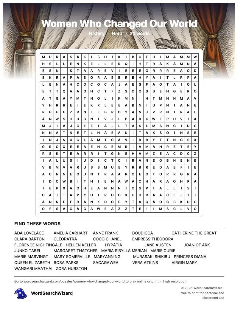 Women Who Changed Our World word search printable sheet, 30 words to find