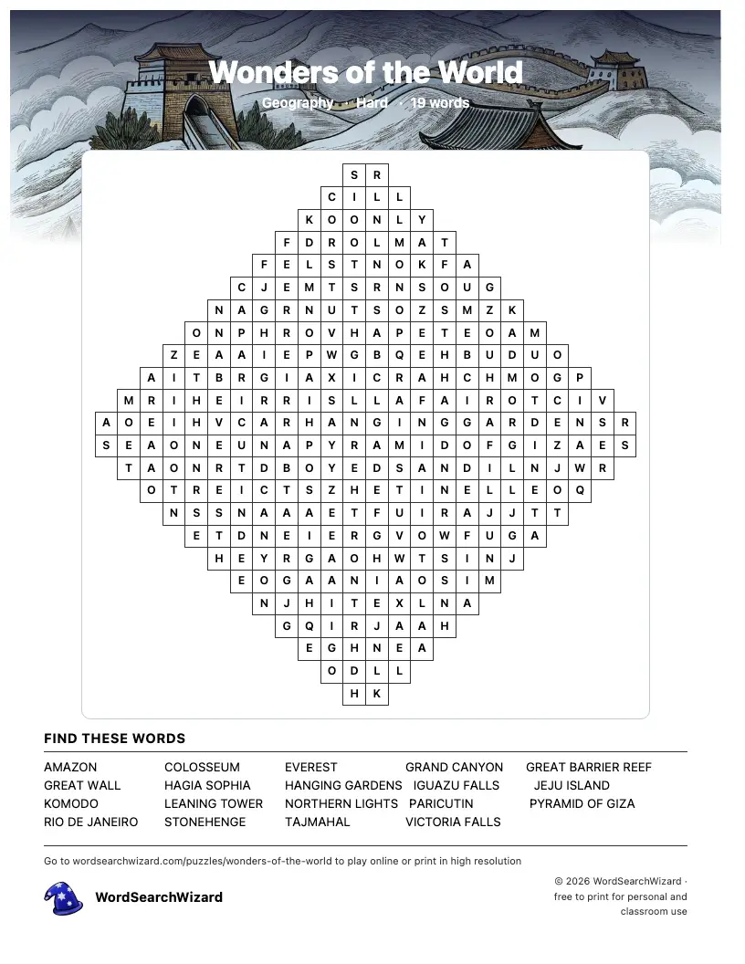 Wonders of the World word search printable sheet, 19 words to find