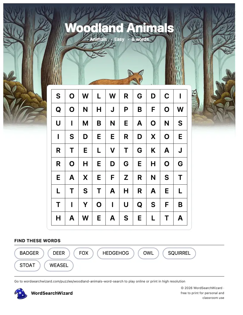 Woodland Animals word search printable sheet, 8 words to find