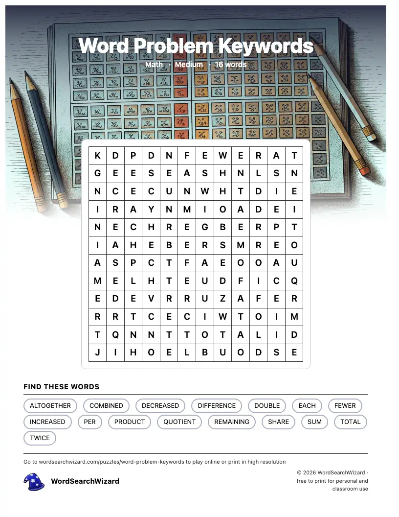 Word Problem Keywords word search printable sheet, 16 words to find