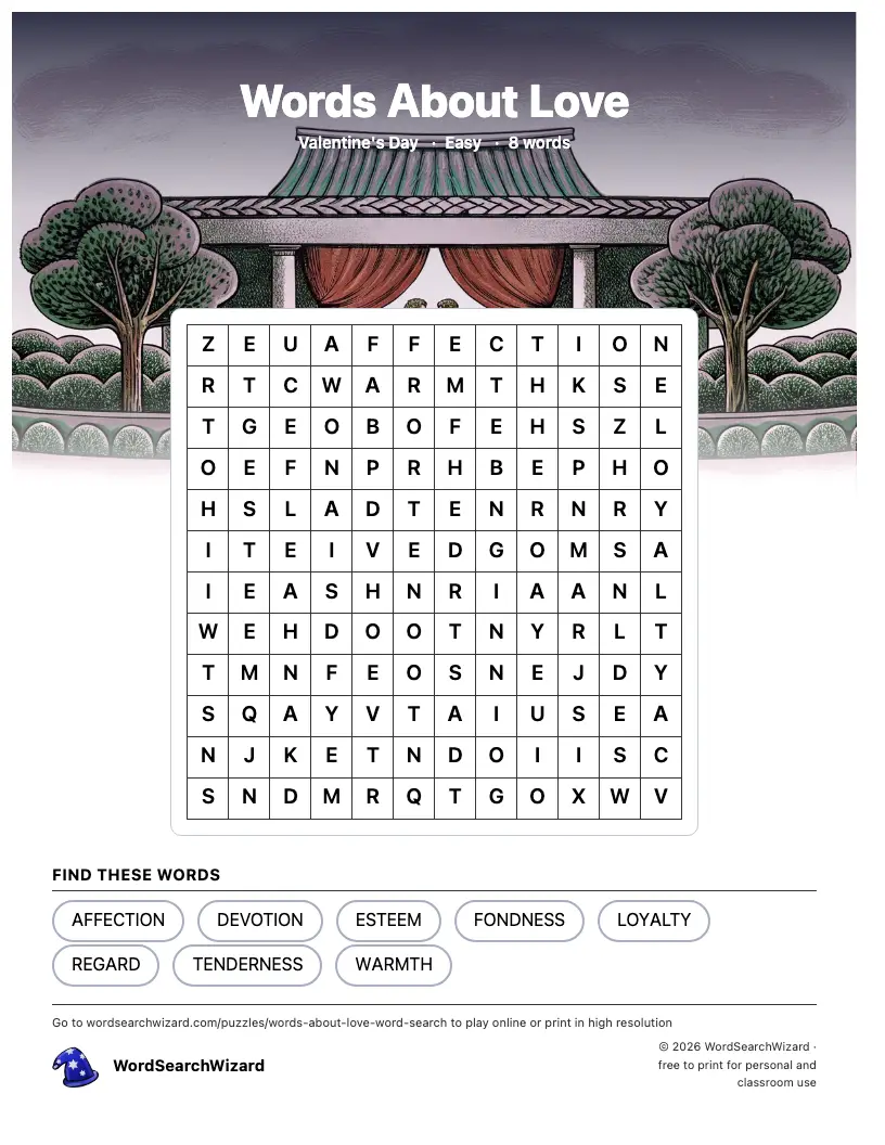 Words About Love word search printable sheet, 8 words to find