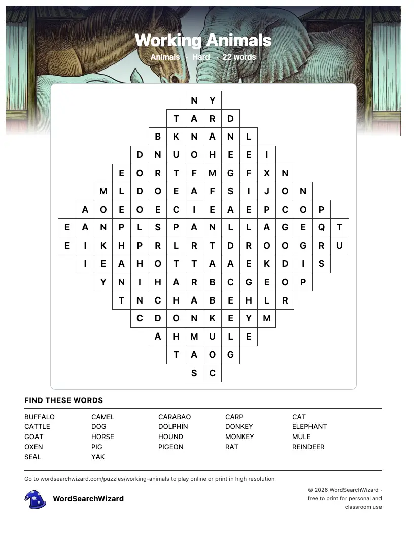 Working Animals word search printable sheet, 22 words to find