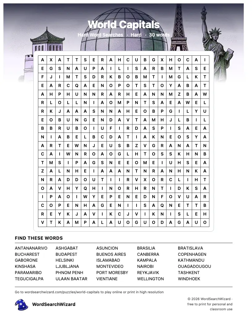 World Capitals word search printable sheet, 30 words to find