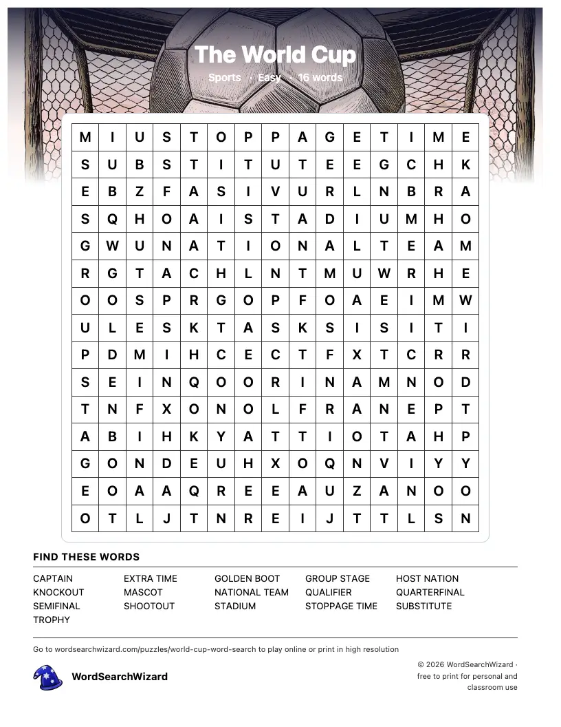 The World Cup word search printable sheet, 16 words to find