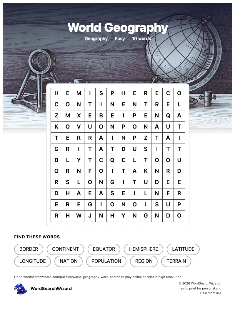 World Geography word search printable sheet, 10 words to find