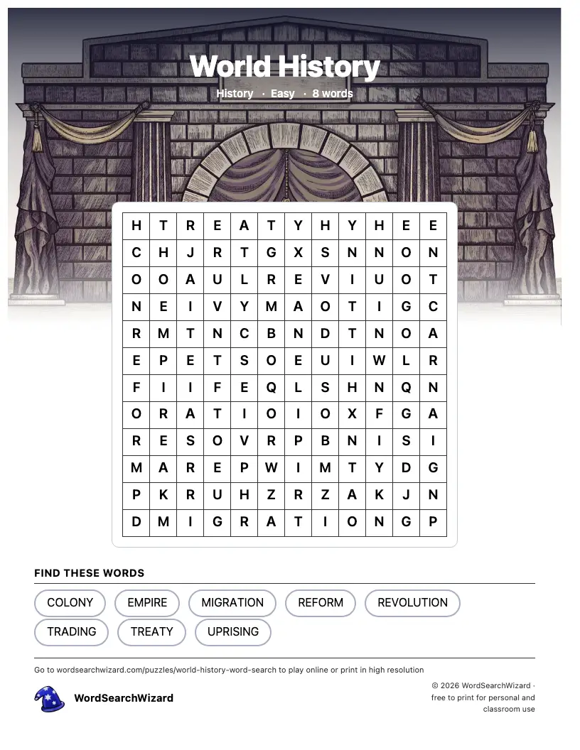 World History word search printable sheet, 8 words to find