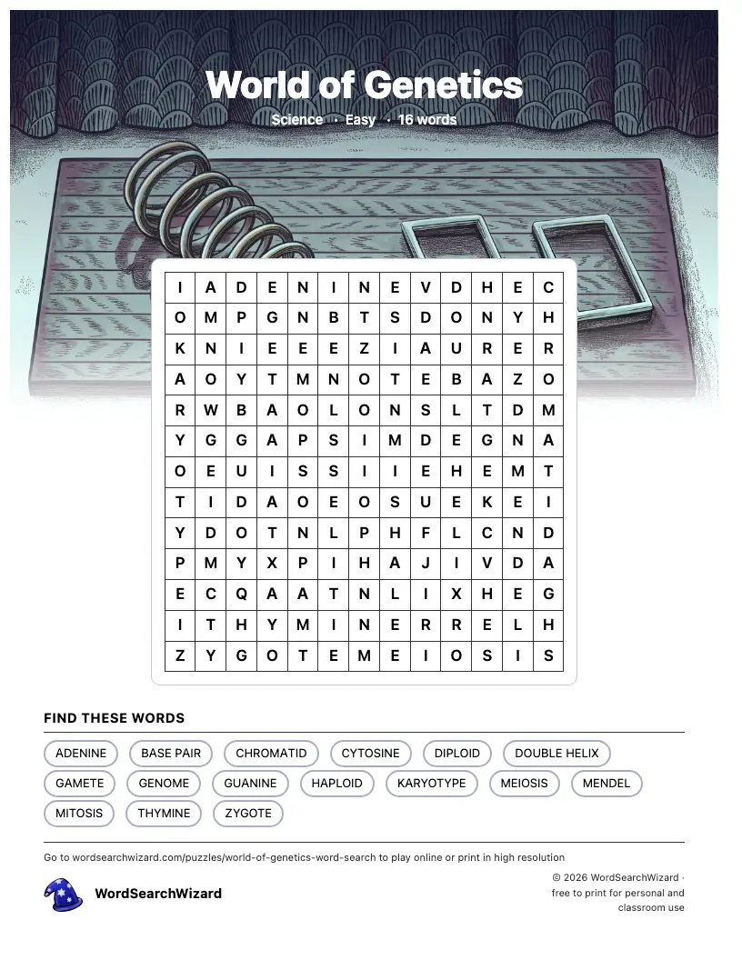 World of Genetics word search printable sheet, 16 words to find