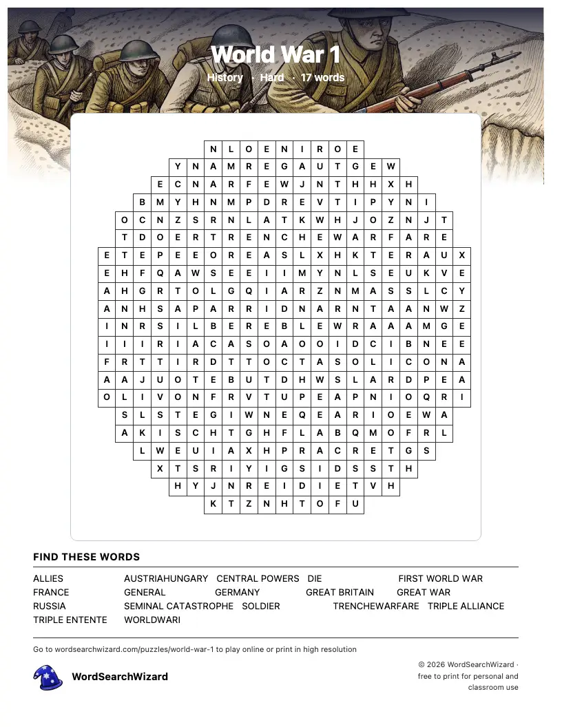 World War 1 word search printable sheet, 17 words to find