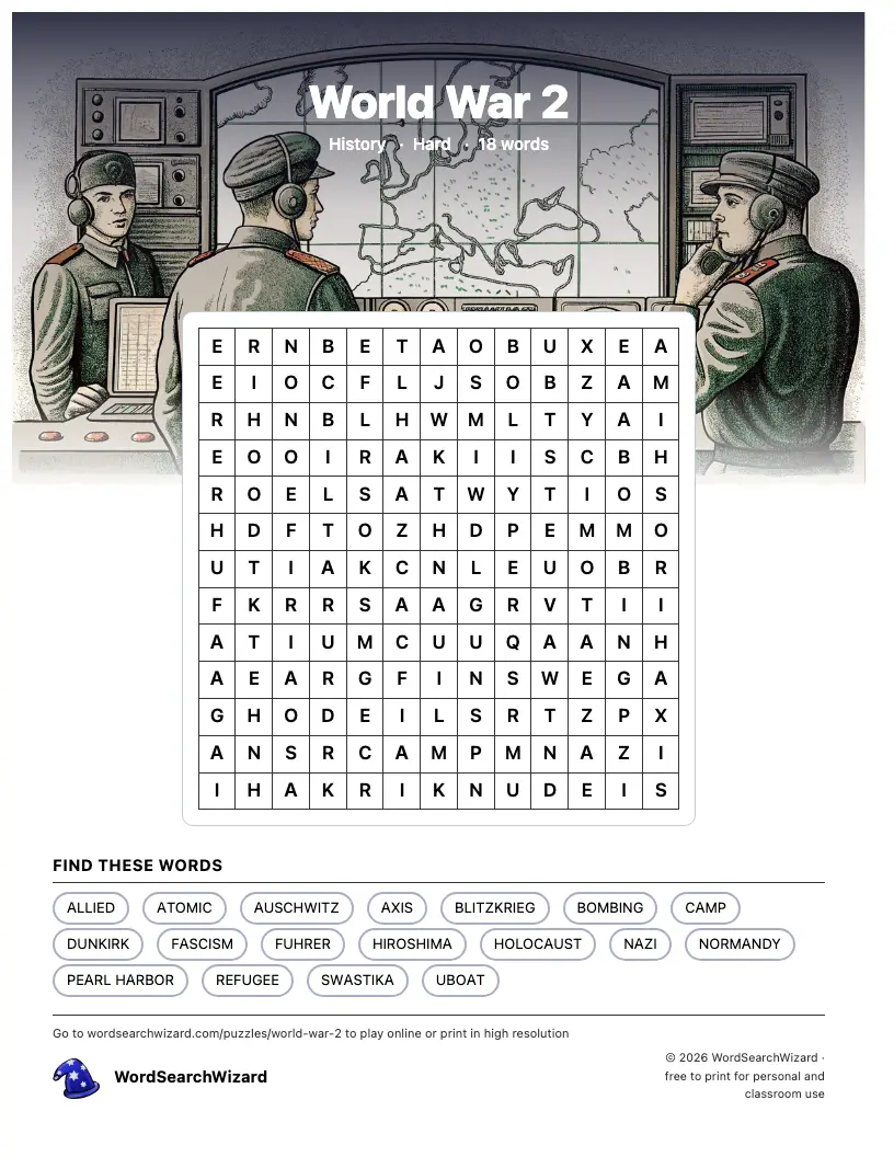 World War 2 word search printable sheet, 18 words to find