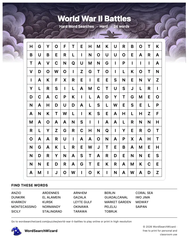 World War II Battles word search printable sheet, 24 words to find