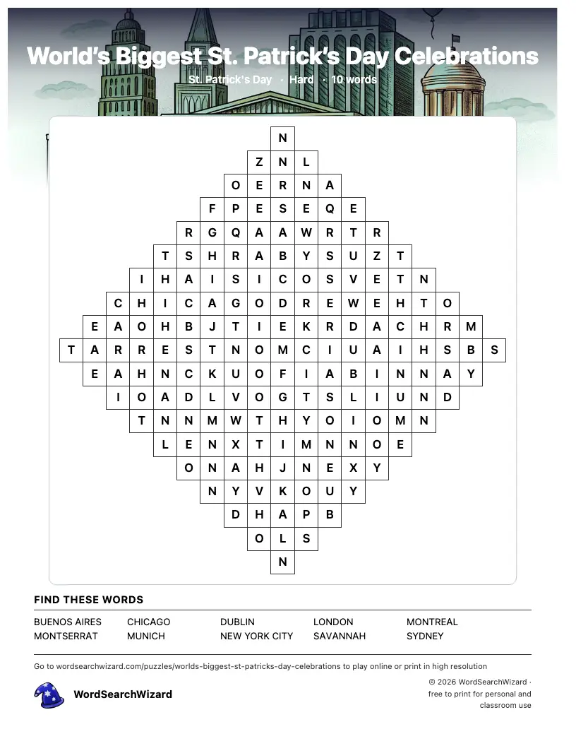 World’s Biggest St. Patrick’s Day Celebrations word search printable sheet, 10 words to find