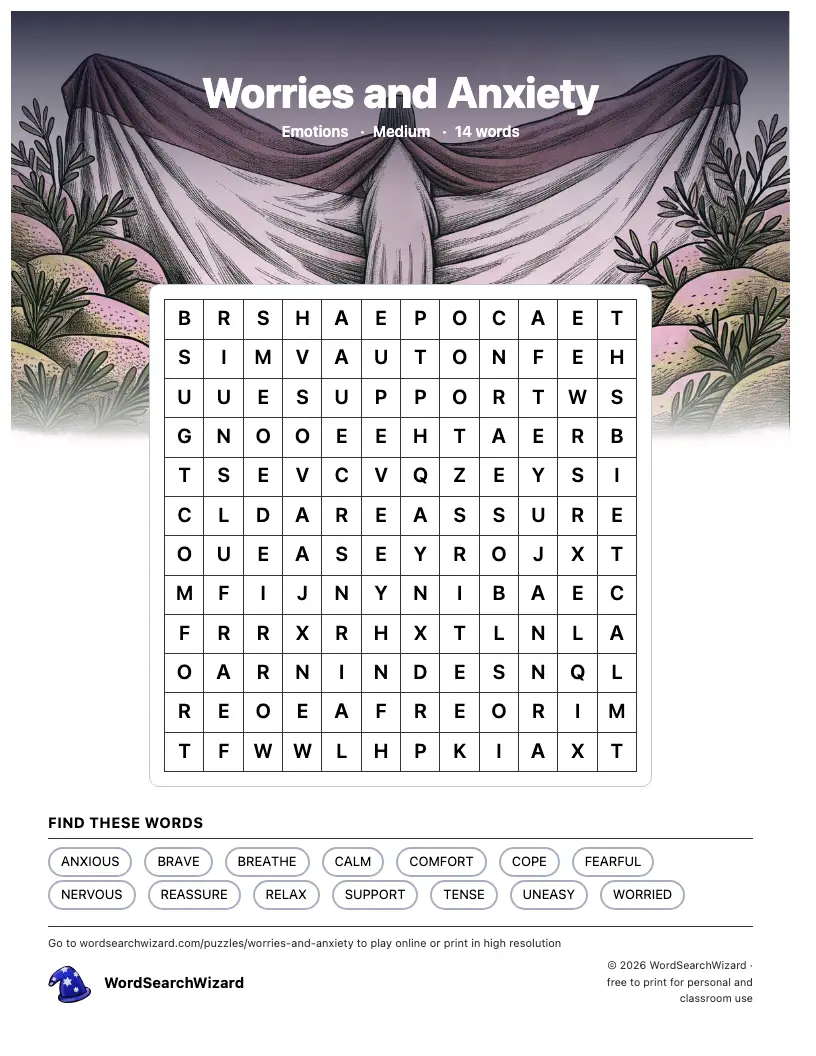 Worries and Anxiety word search printable sheet, 14 words to find