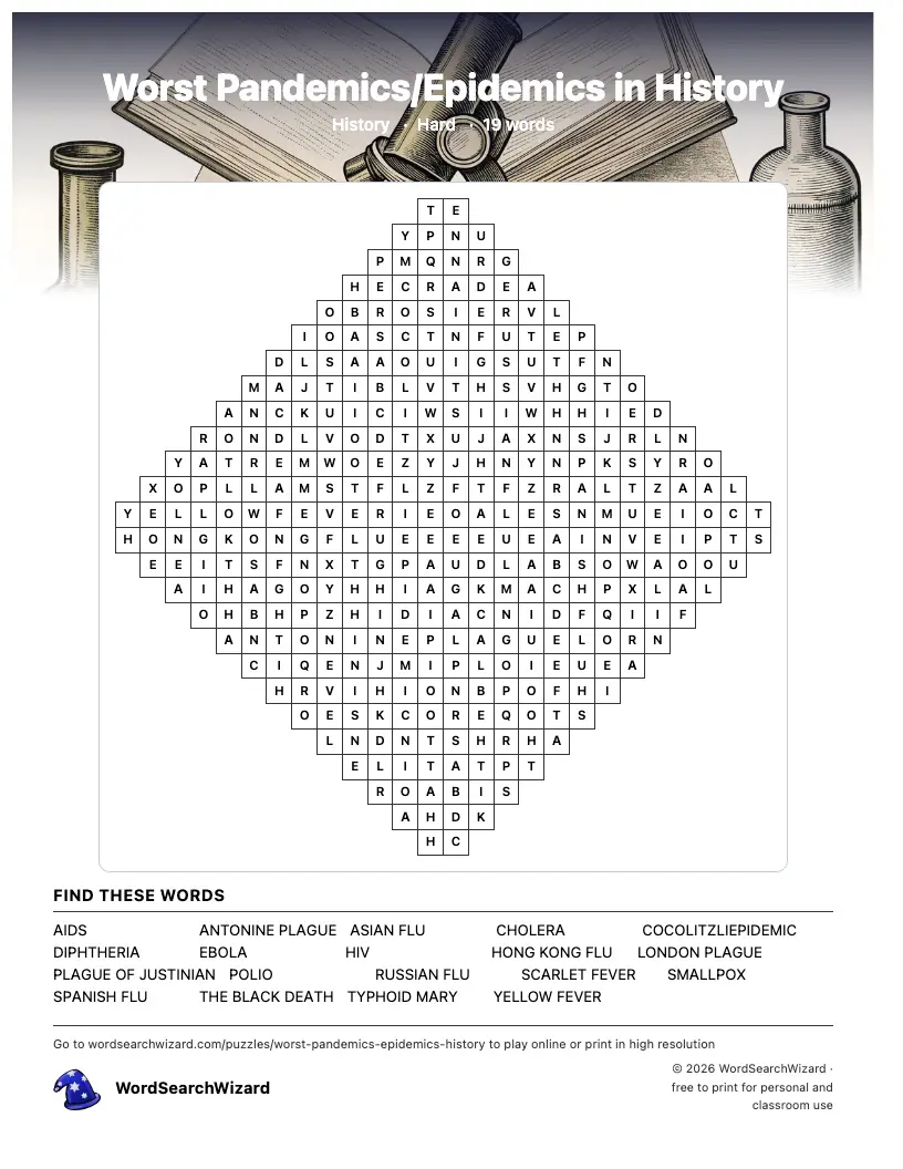 Worst Pandemics/Epidemics in History word search printable sheet, 19 words to find
