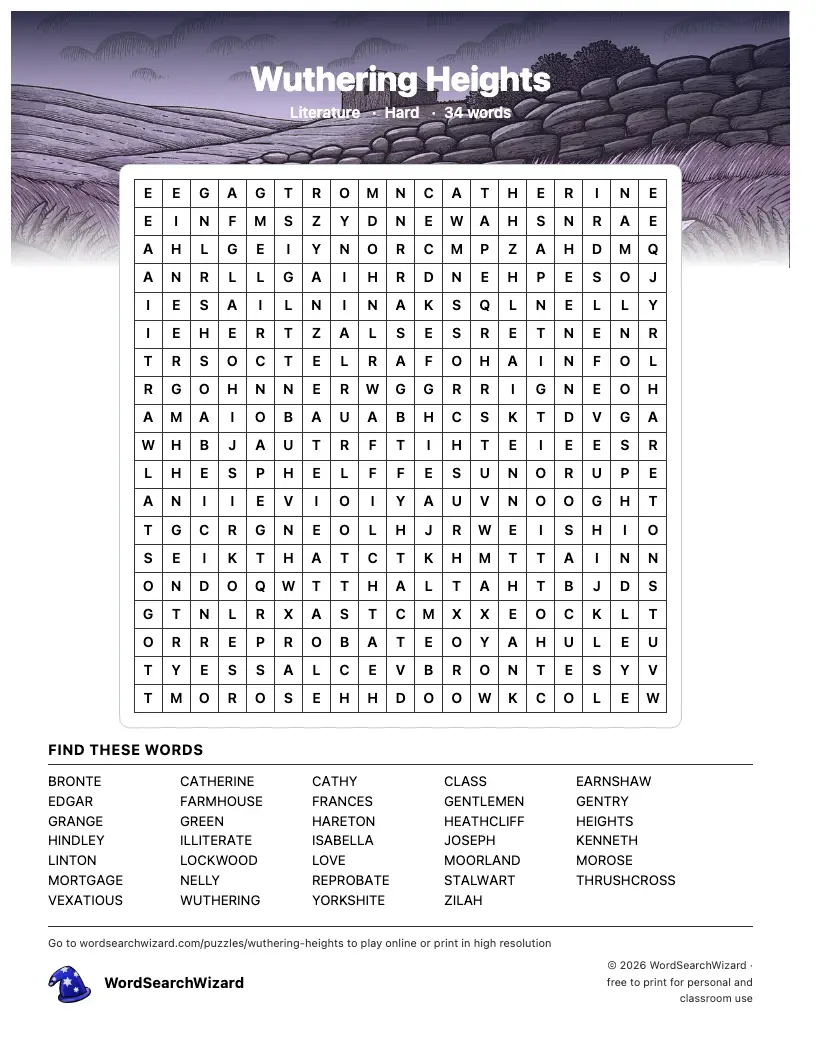 Wuthering Heights word search printable sheet, 34 words to find