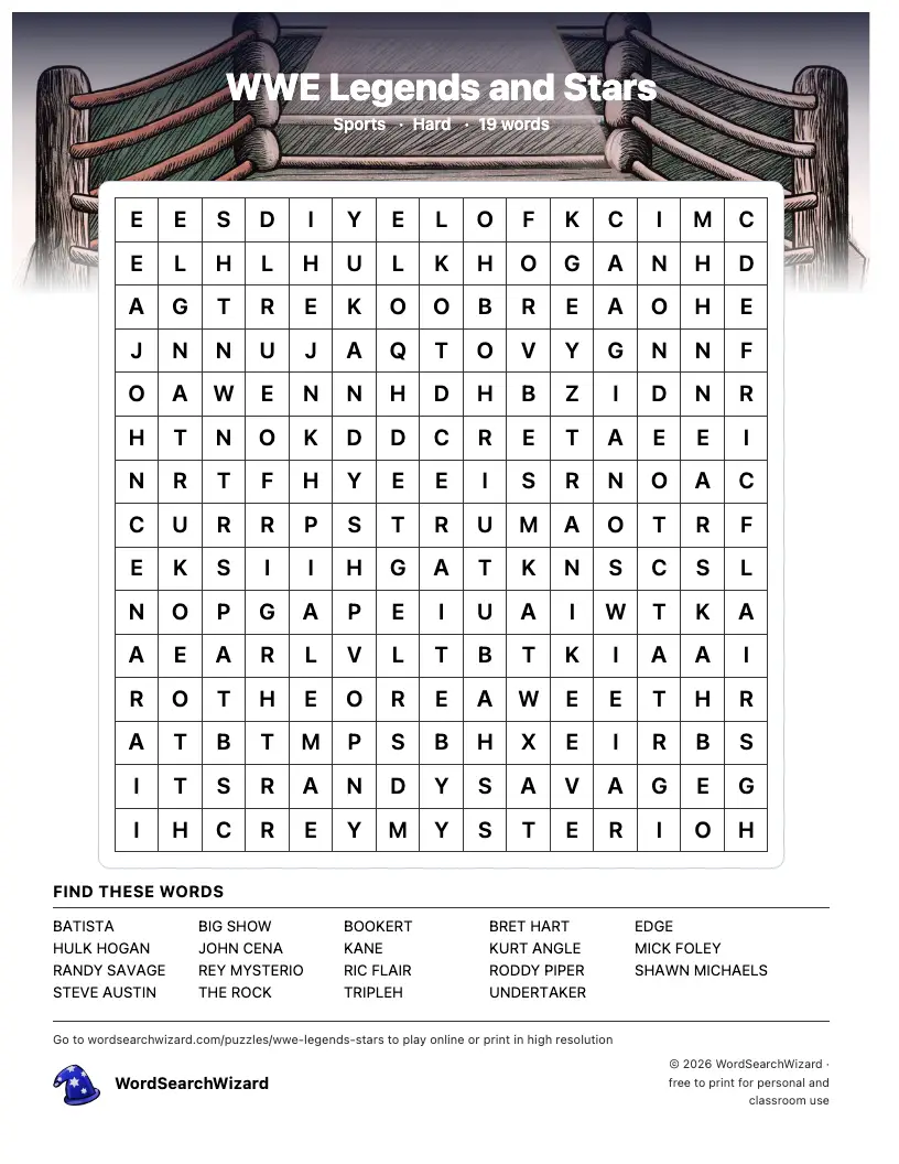 WWE Legends and Stars word search printable sheet, 19 words to find