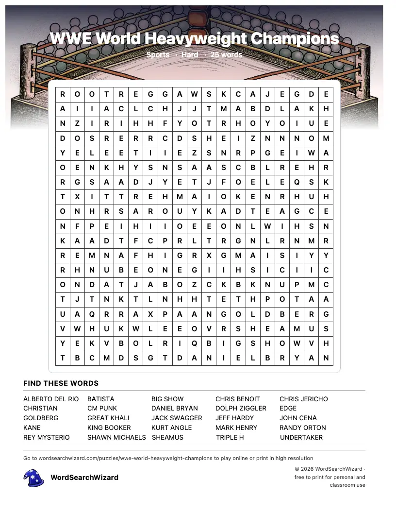WWE World Heavyweight Champions word search printable sheet, 25 words to find