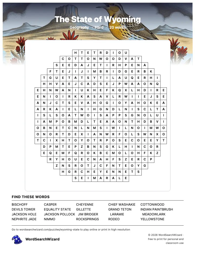 The State of Wyoming word search printable sheet, 20 words to find
