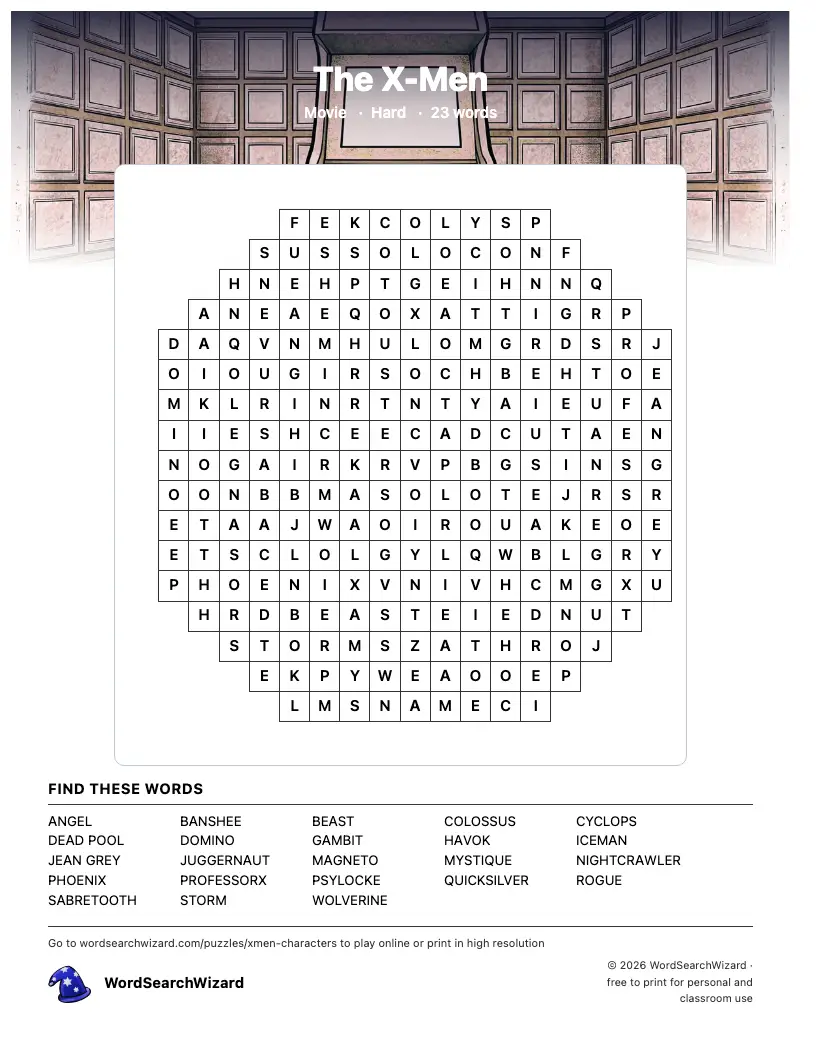 The X-Men word search printable sheet, 23 words to find