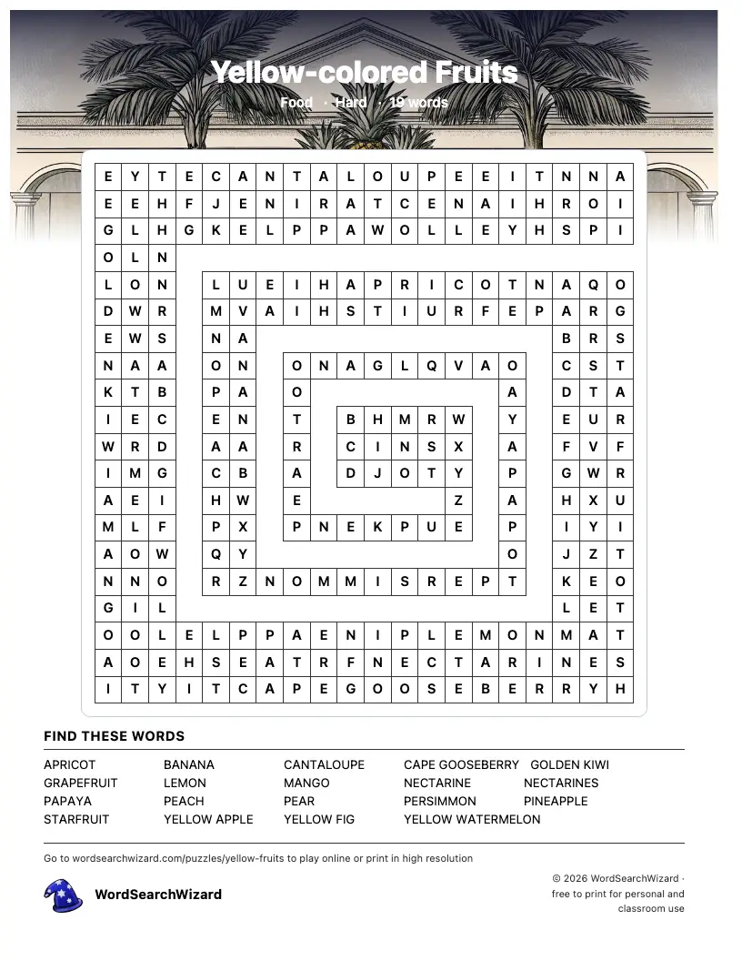 Yellow-colored Fruits word search printable sheet, 19 words to find