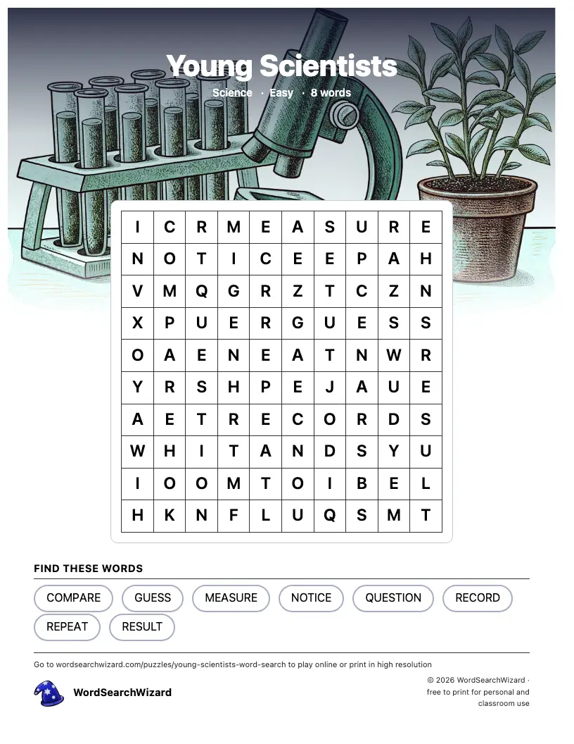 Young Scientists word search printable sheet, 8 words to find
