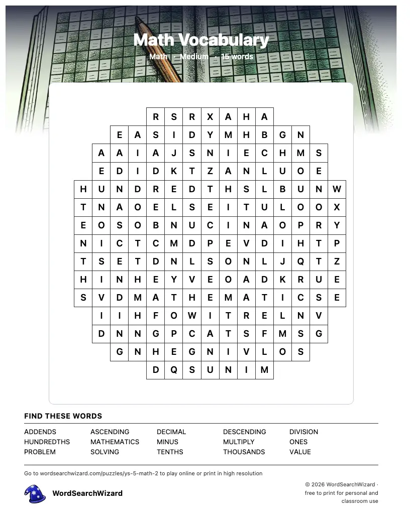Math Vocabulary word search printable sheet, 15 words to find