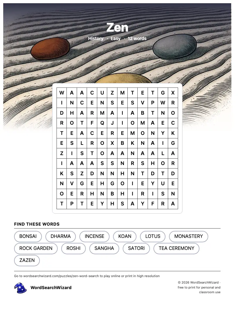 Zen word search printable sheet, 12 words to find