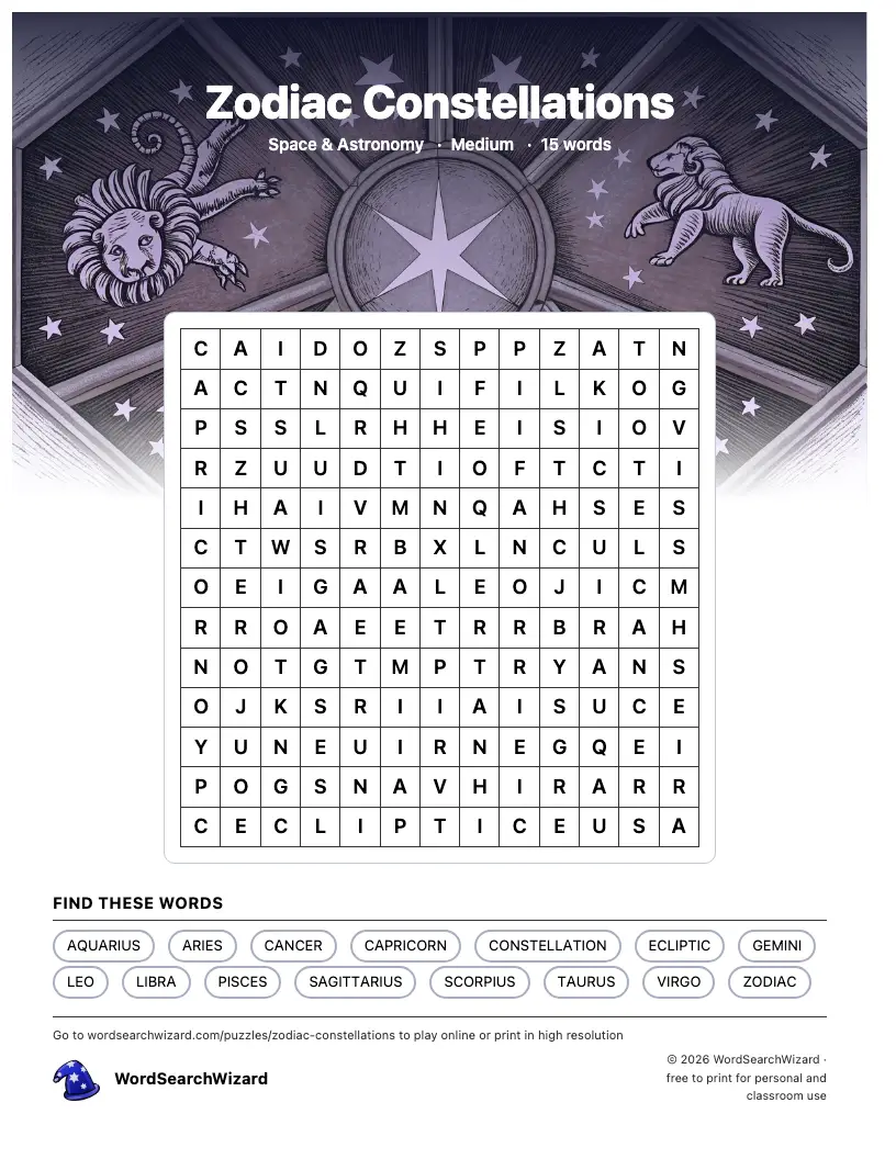 Zodiac Constellations word search printable sheet, 15 words to find