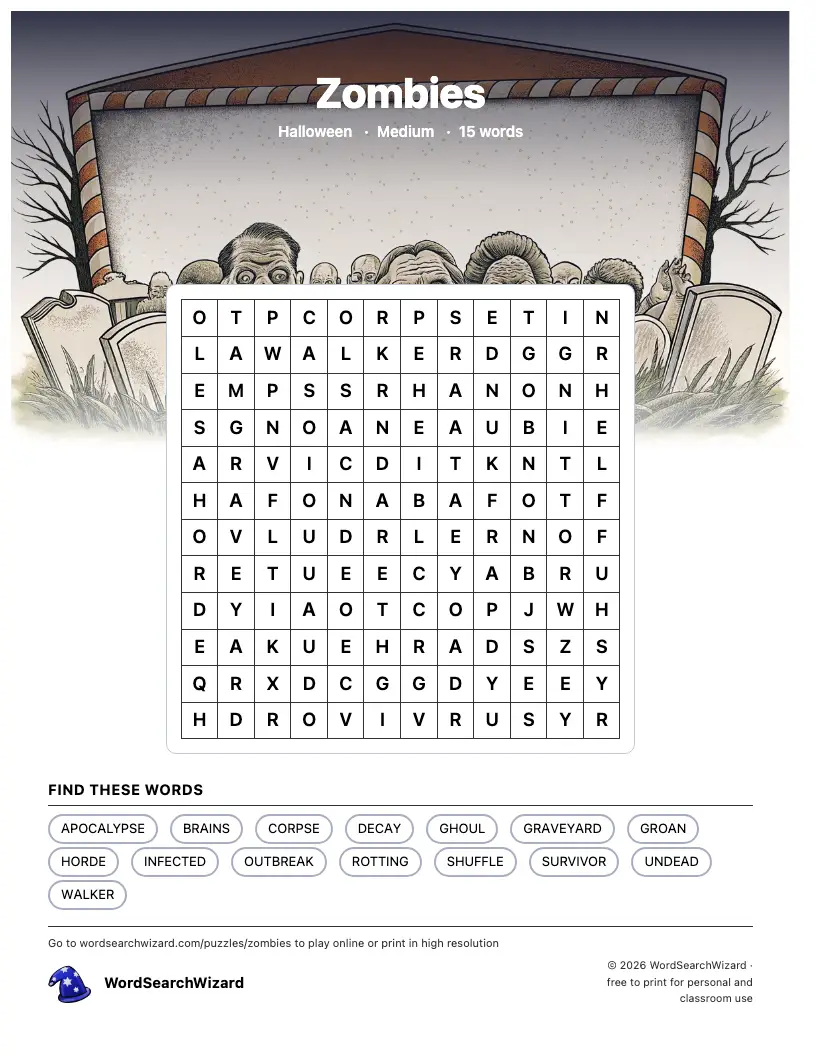 Zombies word search printable sheet, 15 words to find