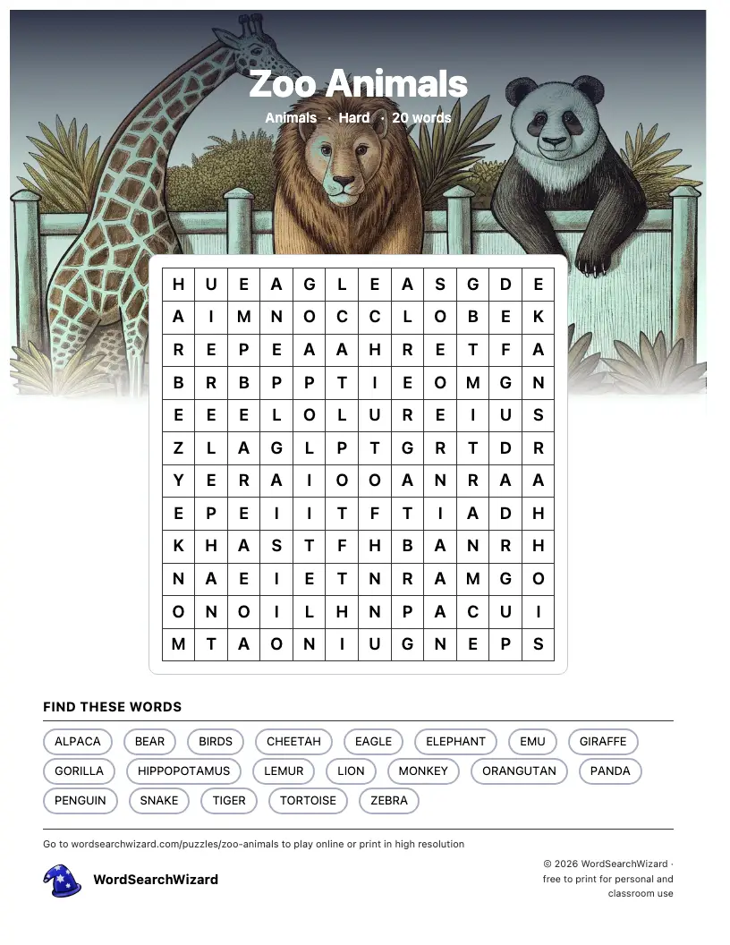 Zoo Animals word search printable sheet, 20 words to find