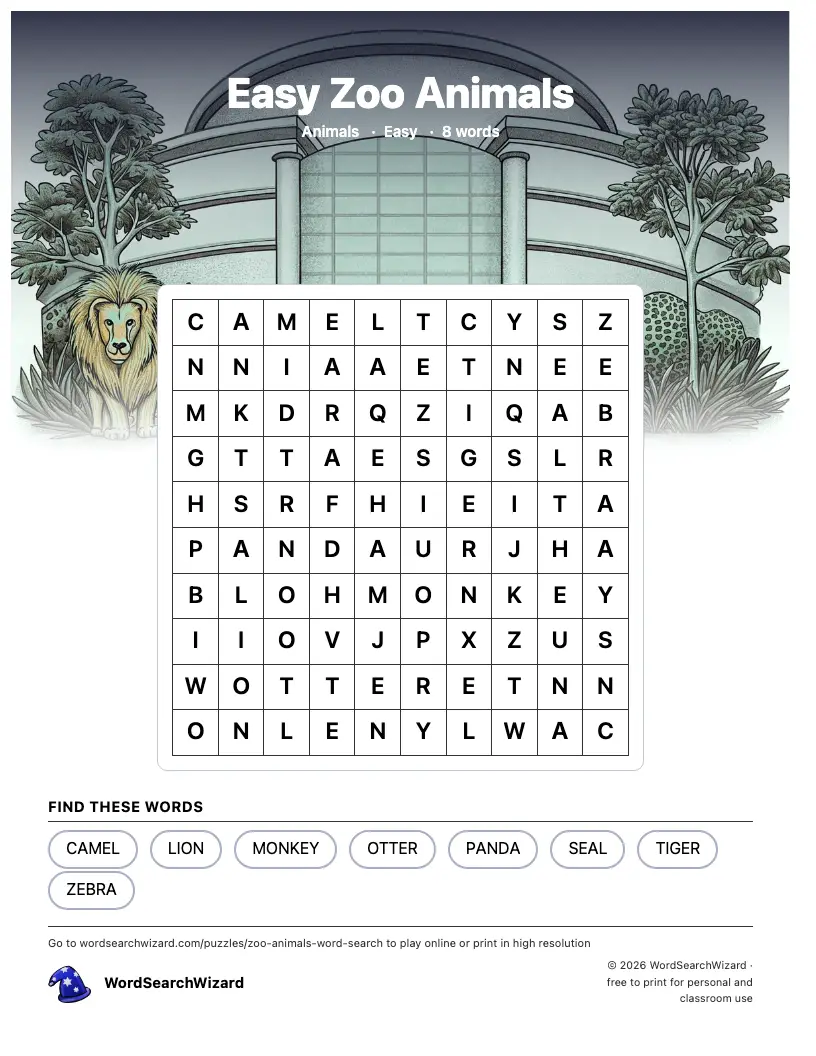 Easy Zoo Animals word search printable sheet, 8 words to find