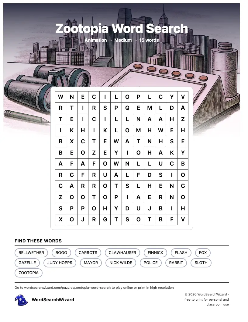 Zootopia word search printable sheet, 15 words to find